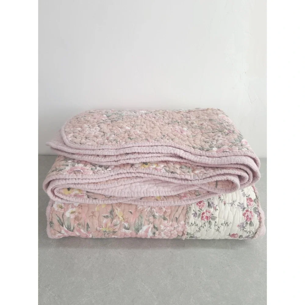 Patchwork Rag Quilt XL Queen Pink Floral Cotton Reversible Shabby Cottage 91x99